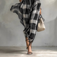 Retro Loose-fit Waist-cinched High-neck Plaid Dress With A Zipper