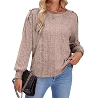 Solid Color Round Neck Fastener Decorative Long Sleeve Top