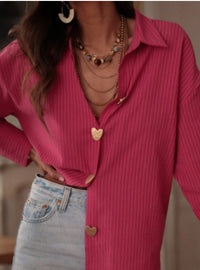 Womens Solid-Color Versatile Casual Striped Shirt