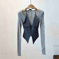 Halter False Two-piece Patchwork Long Sleeve Knitwear T-shirt Top