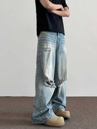 Wide Leg Straight Cat Beard Water Washed Hole Jeans