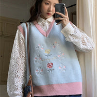 Vintage Small Flower Embroidery Knitted Vest Women