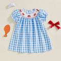 Embroidered Style Kids Plaid Puff-Sleeve Sweet Princess Cute Cartoon Childrens Dress