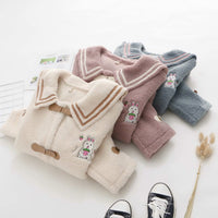 Cute Rabbit Embroidered Fur One Lamb Fur Navy Collar Short Coat Girl