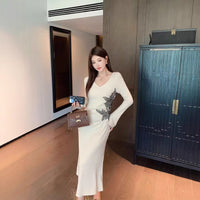 Womens Slim-fit Lace V-neck Knitted Dress