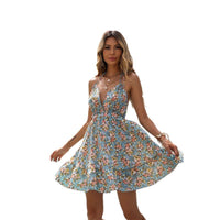 Printed Lace-Up Deep V-Neck Backless Ruffle Hem Dress
