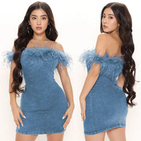 Sexy Sleeveless Tube Top Patchwork Dress Fashionable Denim Fleece Off-Shoulder Bodycon Skirt