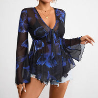 V Neck Mesh Tie Dye Resort Style Womens Top