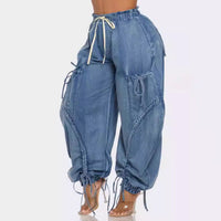 Rope Adjustable Elastic Waist Drawstring Lace-up Ankle-tied Bow Loose Jeans