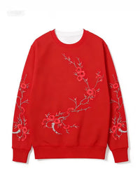 Black-base Red Plum Blossom Branch Print Loose-fitting Crewneck Sweatshirt