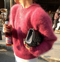 Fashion Retro Loose And Warm Solid Color Pullover Sweater Women