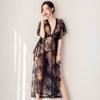 Women's Long Split Black Sheer Lace Nightdress