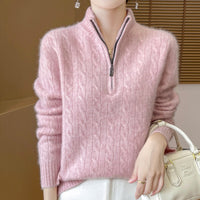Women's Woolen Sweater Half Zipped Stand Collar Sweater