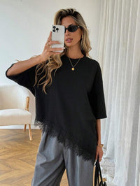 Women's Printed Leopard-Print Patchwork Lace Loose Short-Sleeve Top