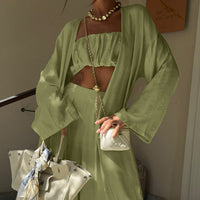 Sage Green 3-Piece Loungewear Set - Crop Top, Kimono Cardigan & Wide Leg Pants
