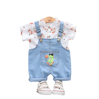Summer Baby Cartoon Dinosaur Short Sleeve Denim Suspender Pants