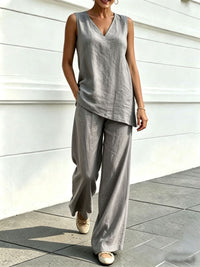 Womens V-neck Sleeveless Cotton-Linen Top And Wide-Leg Pants Set