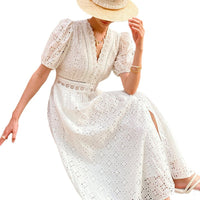 Short-sleeve Hollow-out Embroidered Slim-fit Midi Dress