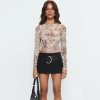 Women's Leopard-Print Mesh Slim-Fit Crew-Neck Top