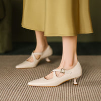 Womens Elegant Mid-heel Stiletto-pointed-toe Low-cut Mary Jane Shoes
