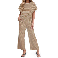 Womens Striped Short-Sleeve T-Shirt And Wide-Leg Pants Set With Pockets