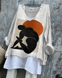SpringSummer V-neck Long-sleeve Shirt Artistic Retro And Relaxed-fit