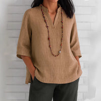 Summer Women's Clothing V-neck 34 Sleeves Cotton And Linen Loose Casual Shirt