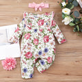 Girls' Long-sleeved Ruffled Printed One-piece Romper Hair Band Two-piece Set