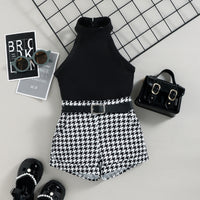 Sunken Stripe Halterneck Vest Houndstooth Printed Shorts Belt Three-piece Set