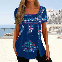 Printed Button-Front Slit Short-Sleeve Top T-Shirt Womens