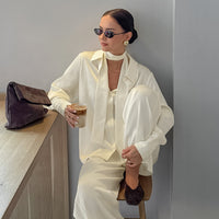 French Niche Design Yellow Long-Sleeve Loose Shirt And Pants Set