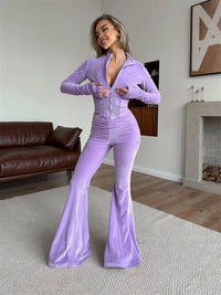 European And American-style Casual Solid-color Zip-up Long-sleeve Fitted Cardigan And Elastic Waist Pants