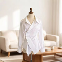 Women's Long-Sleeve Irregularly Shaped, Defined-Waistline Shirt With A Lapel Collar