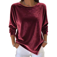 Womens Round-Neck Velvet Solid-Color Long-Sleeve Blouse