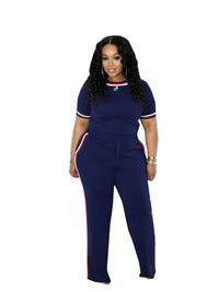 European And American SpringSummer Fashion Womens Trendy Patchwork Ribbed Contrasting Color Casual Two-Piece Set