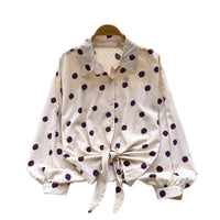 Tie-waist Lantern Sleeve Polka Dot Hot Drill Shirt