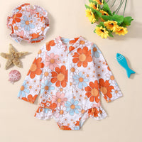 Girls Flower Print Sun Hat Sunscreen Swimsuit Suit