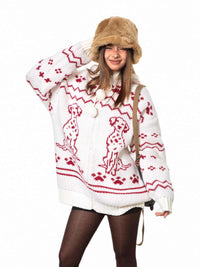 Retro Puppy Jacquard Knitted Zipper Hooded Sweater