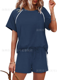 Womens Round-Neck Short-Sleeve Casual Shorts Two-Piece Set