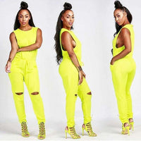 Fashion Casual Zipper Drawstring Digging Knee Broken Wind One-piece Skinny Trousers Jumpsuit Women