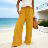 Solid-color Drawstring-pocket Womens Casual Wide-leg Pants