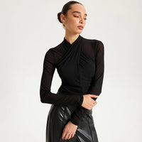 New Round-neck Cross-perspective Mesh Shirred Spliced Top