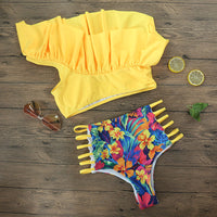 Sexy one-shoulder ruffle print swimsuit