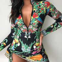 Upskirt women irregular dress printed long-sleeved jumpsuit upskirt