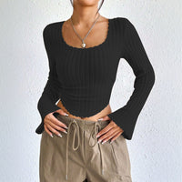 Autumn And Winter New Women's Fashion Elegant Style T-shirt Square Neck Bell Long Sleeve Top
