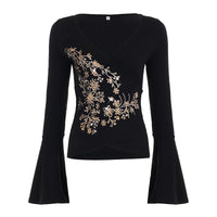 Womens Retro American-Style Printed V-Neck Flare-Sleeve Shirt