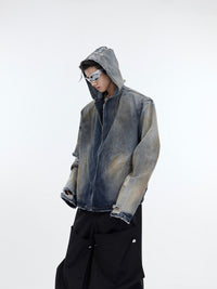 Design Sense Padded Shoulder Heavy Retro Distressed Hooded Denim Jacket