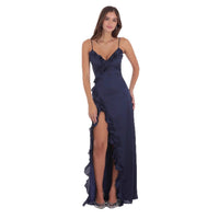 Womens Fashion V-Neck Ruffle-Trim Slit Backless Slip Dress