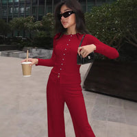 Womens Casual Two-Piece Set Crew-Neck Long-Sleeve Top And Drawstring Pants