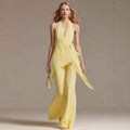 Neck-hanging Backless Belted Sleeveless Wide-leg Suit For Women